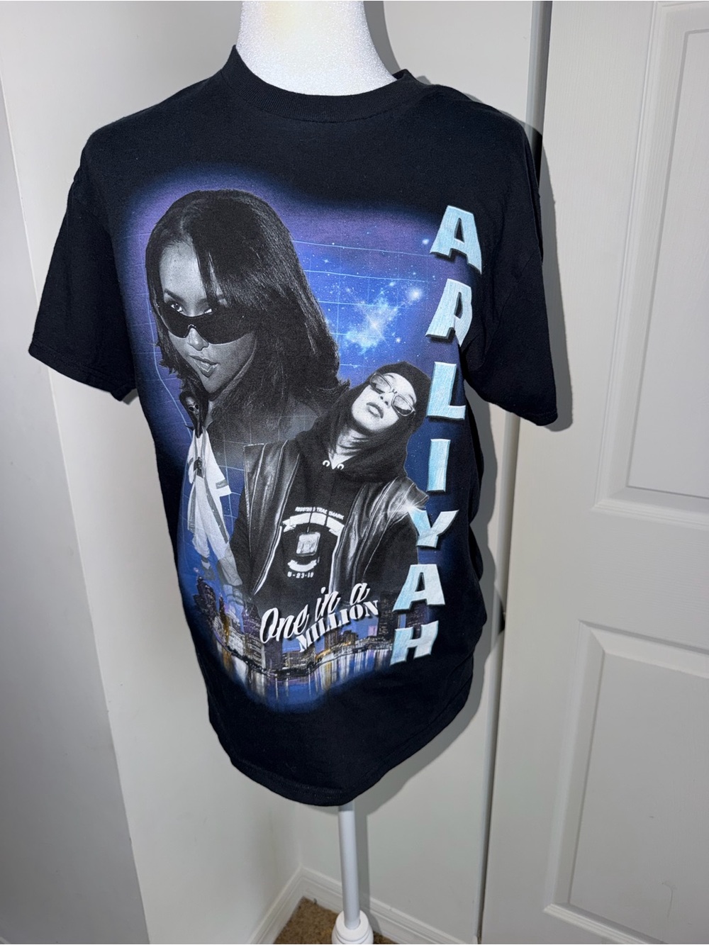 Black Graphic Short-Sleeve Tee with Blue Accent Print